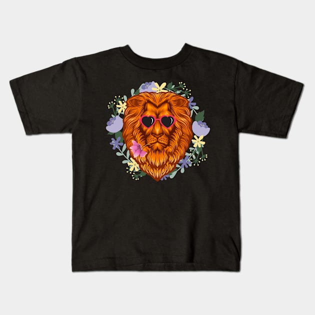 Lions With Sunglasses and a Flower in His Mouth Kids T-Shirt by nathalieaynie